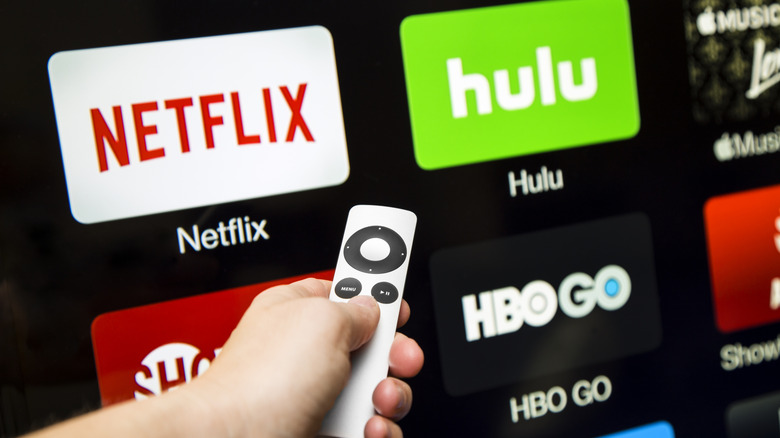 Smart tv screen featuring logos of streaming apps such as Netflix and Hulu