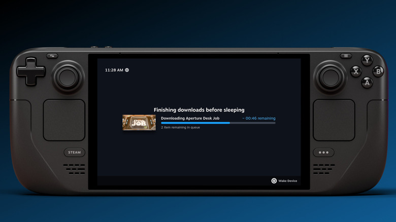 A Steam Deck downloading a game.