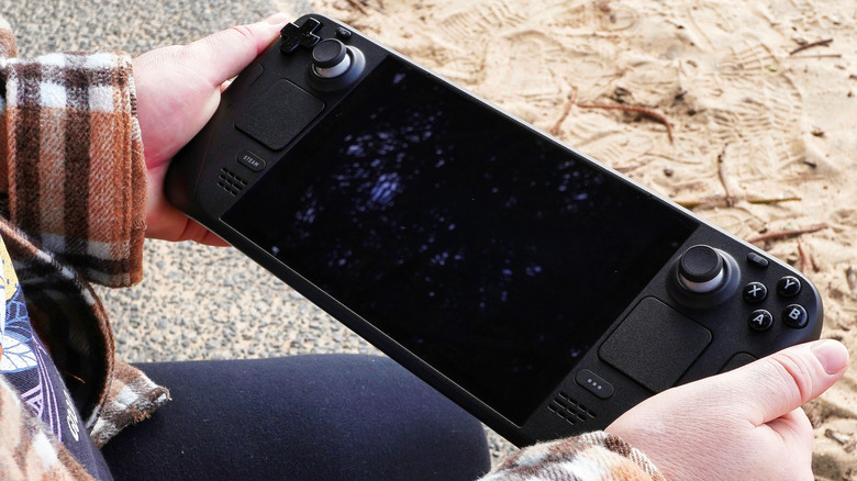 A person looking at a Steam Deck on a beach.