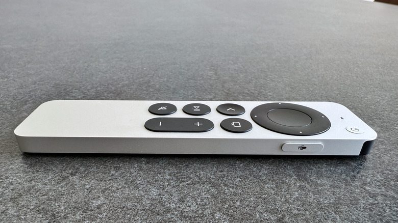 The 2nd generation Siri remote as seen from the side.