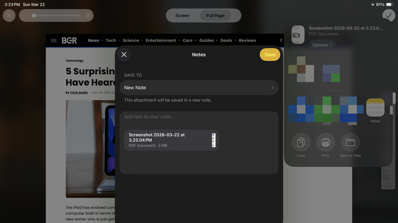 Sharing a screenshot of full page webpage to iPad Notes