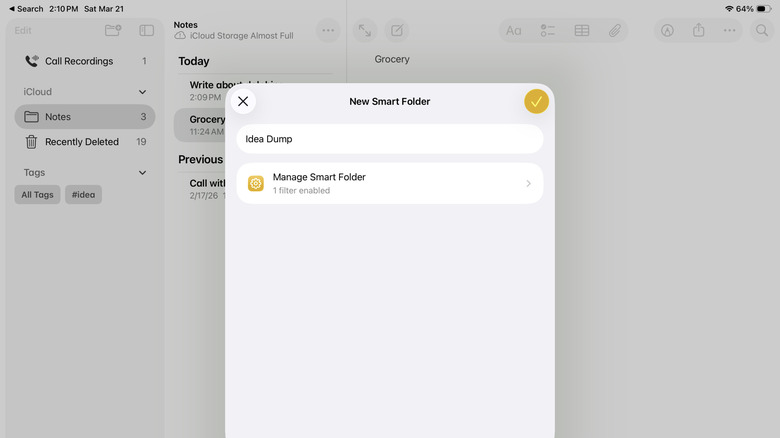 Creating a new Smart Folder in iPad Notes