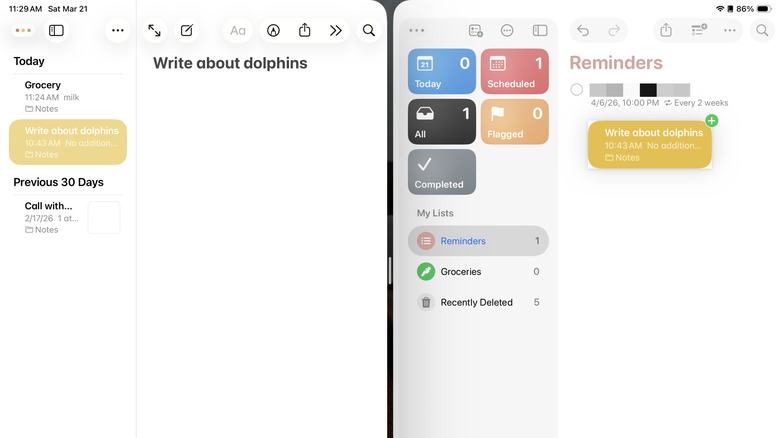 Dragging a note from Notes to Reminders