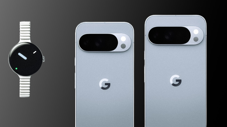 Google Pixel Watch alongside Google Pixel e10 Pro and Pro XL on a black gradient background