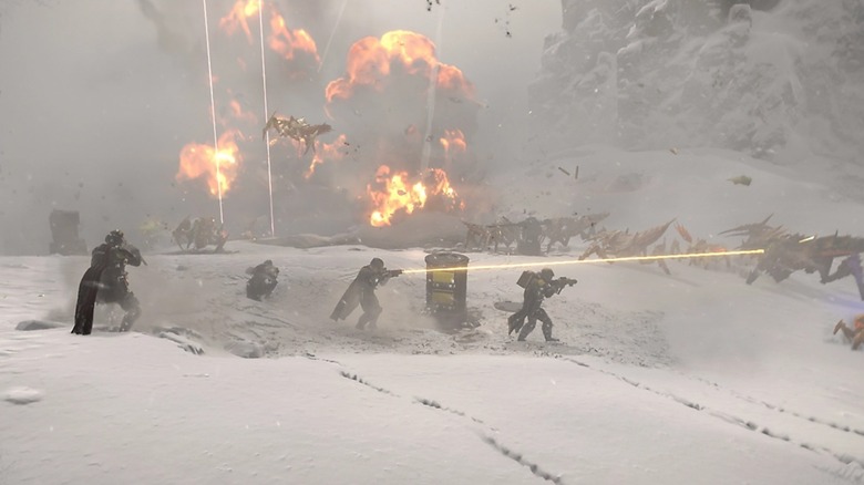 Helldivers fighting terminids on a snowy planet