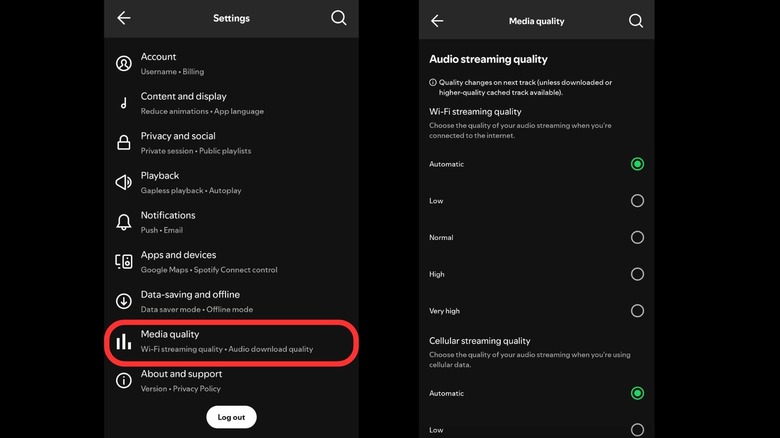 Two screenshots of the Spotify mobile app showing Media Quality settings