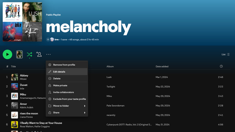 A screenshot of the Spotify desktop app showing a playlist with a dropdown menu open from its three dots. The option Edit details is highlighted
