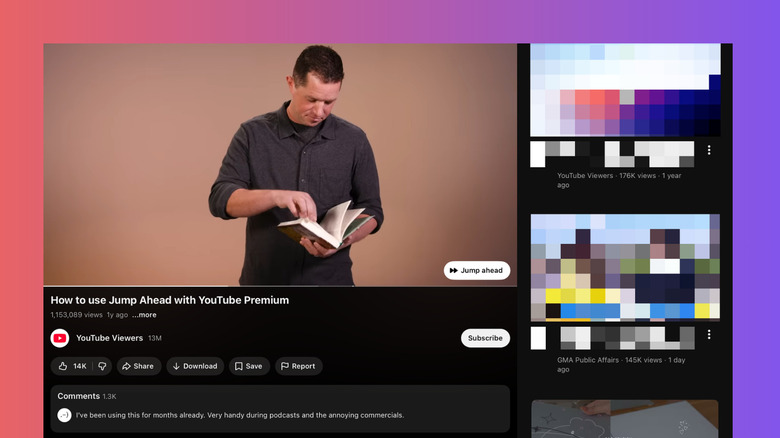 YouTube video showing Jump Ahead button over the player for YouTube Premium subscribers