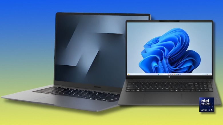 The Samsung Galaxy Book6 and HP OmniBook 3 on a yellow to blue Best Buy-themed background