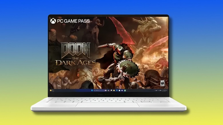 The Asus ROG Zephyrus G14 on a yellow to blue Best Buy-themed background