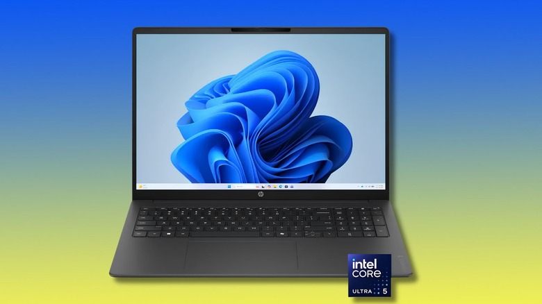 The HP OmniBook 3 on a yellow to blue BestBuy-themed background