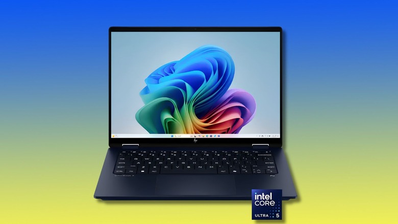 The HP OmniBook X Flip on a yellow to blue Best Buy-themed background