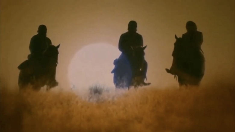 Three apes on horses against a setting sun