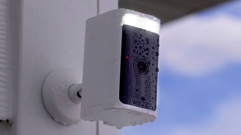 The Wyze Battery Cam Pro mounted to the side of a building.
