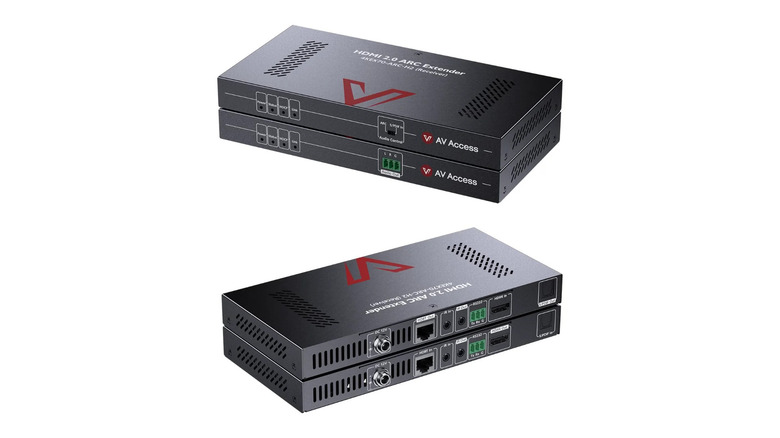 Front and back views of the AV Access HDBaseT HDMI extender against a white background