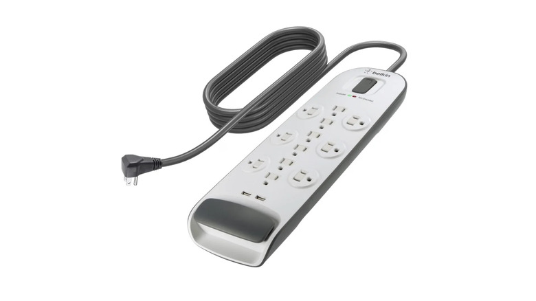 The Belkin 12-outlet power strip against a white background