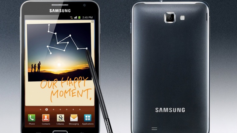 The Samsung Galaxy Note 1 showing a front and back view with stylus visible