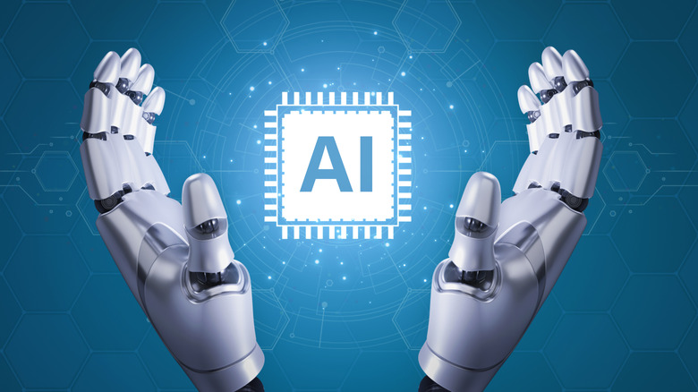 A graphic of robot hands positioned around an AI logo.