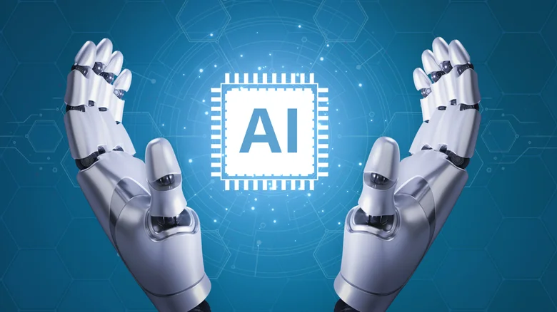A graphic showing robot hands around an AI logo.