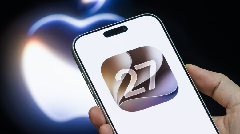 iOS 27 running on an iPhone with Apple logo in background.