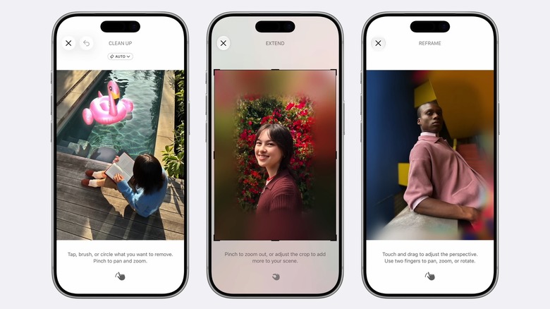 The new Apple Intelligence image editing features in iOS 27: Clean Up, Extend, and Reframe (Spatial Reframing).