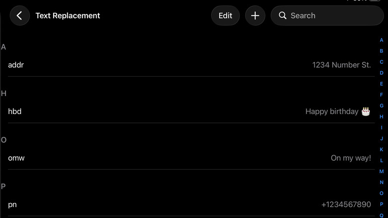 Text Replacements list for iPad keyboard