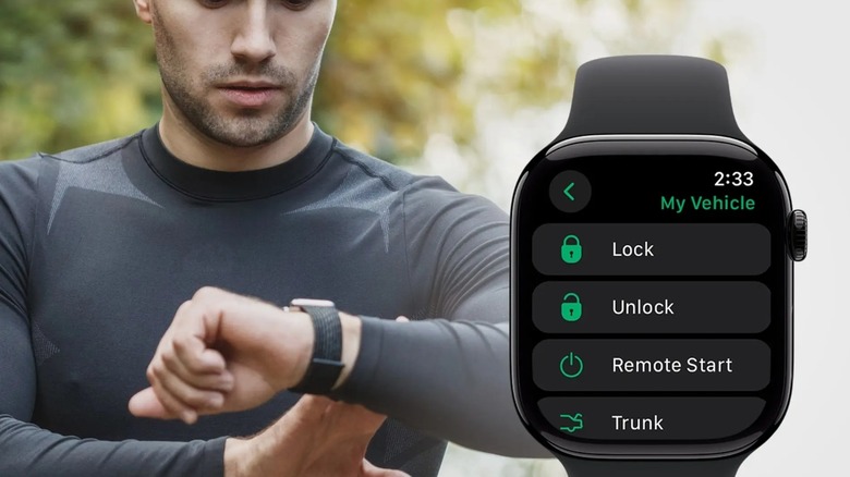 Man looking at his smartwatch with a close-up of the smartwatch face juxtaposed, showing its screen.