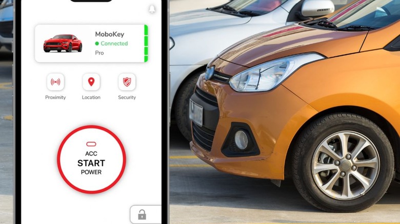 MoboKey app displaying car start features with cars parked in the background