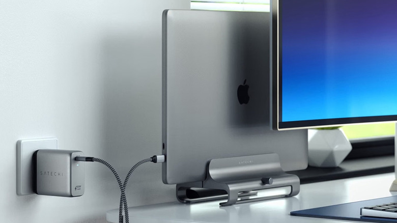The Satechi USB-C PD Wall Charger Block connected to a MacBook.