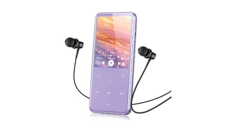 Agptek 64GB MP3 Player alongside earphones