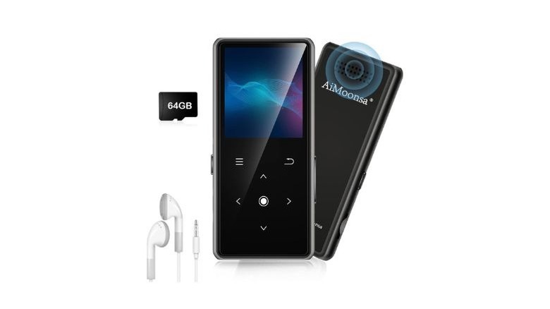 AiMoonsa Music Player alongside earphones and a 64GB microSD card