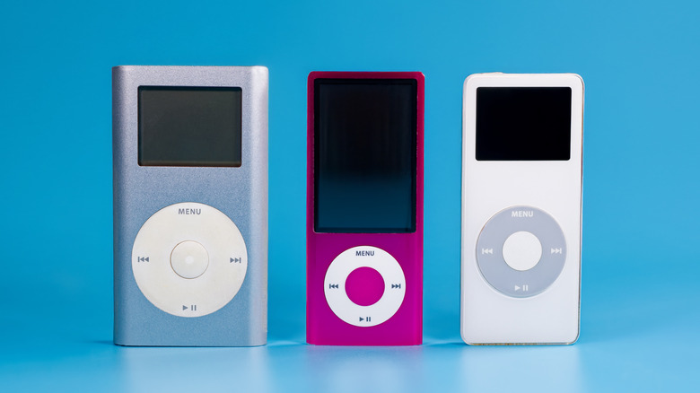 Different iPod devices placed on a blue background