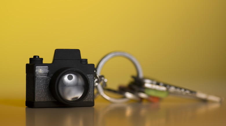 Close-up of a keychain with a toy camera attached