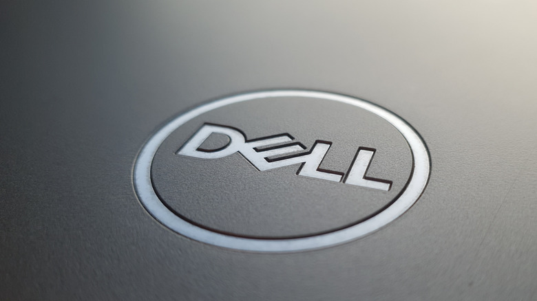 A close-up of a Dell logo on a laptop lid.
