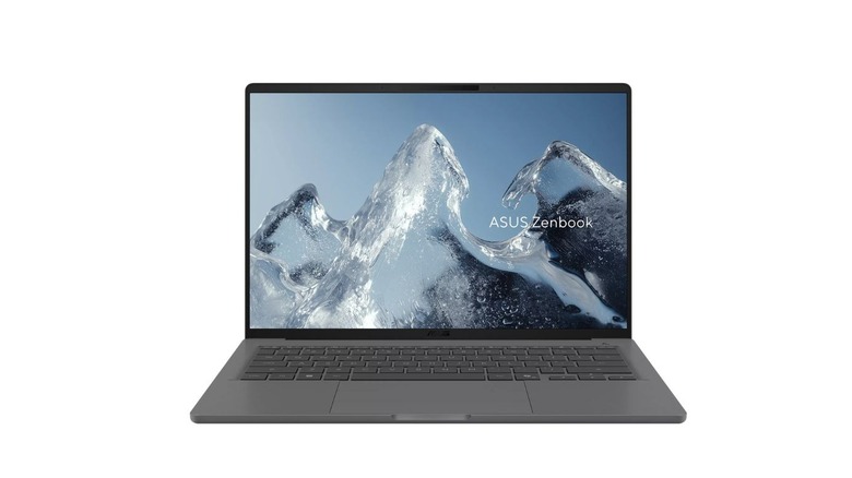 A grey Asus Zenbook A14 laptop showing a high quality picture of ice on its screen with Asus Zenbook written on it