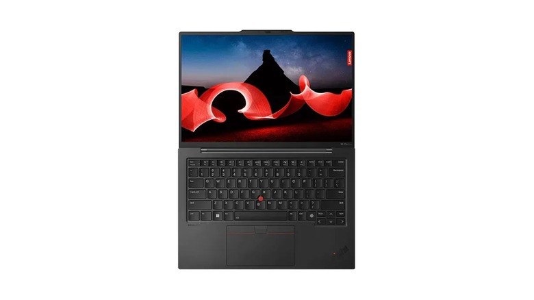 Lenovo's Thinkpad X1 Carbon Gen 12, a black laptop with the Thinkpad series' usual design, having mechanical touchpad buttons and a red trackpoint