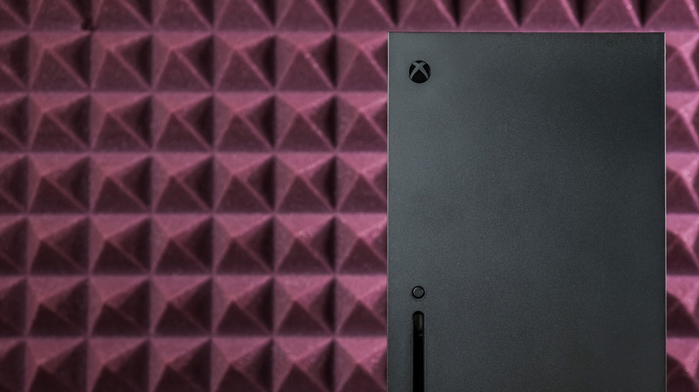Xbox Series X with a purple foam sound dampening background