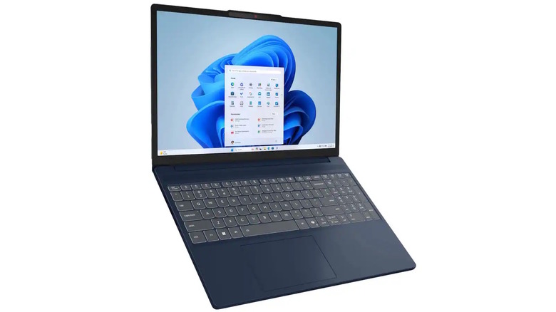 Lenovo IdeaPad Slim with lid open showing screen and backlit full-size keyboard on white background
