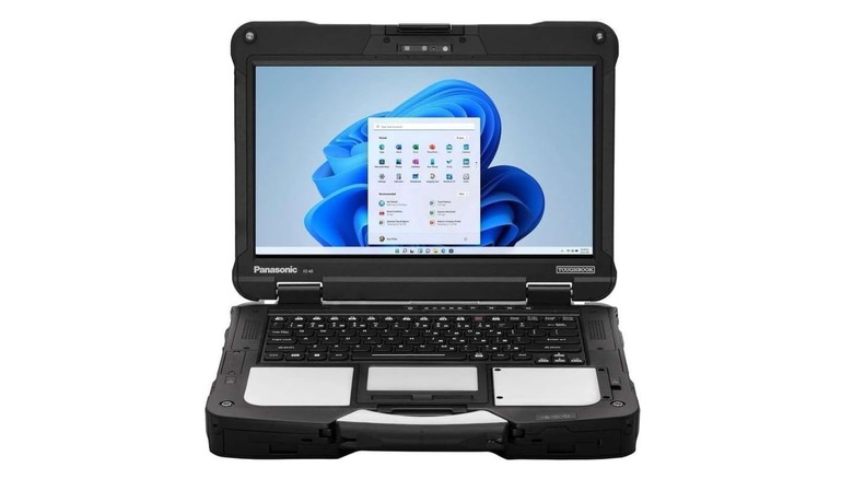 The Panasonic Toughbook 40 Mk2, a laptop that looks like it's an opened briefcase with a screen; it has a grip to pick it up and a thick exterior