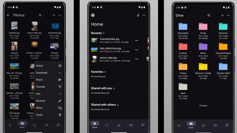 Filen app screens showing photo management, recent files, and cloud drive folders in dark mode