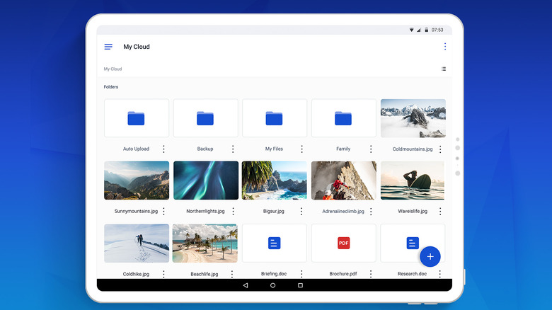 Icedrive cloud storage app showing folders, image thumbnails, and document files on a tablet screen