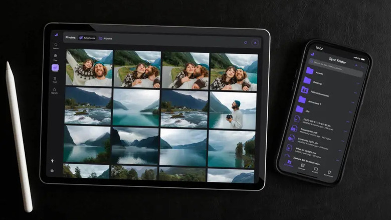 Jottacloud app showing photo backups on a tablet and synced files on a smartphone