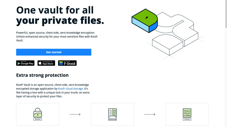 Koofr Vault webpage showing private file encryption features and app download buttons
