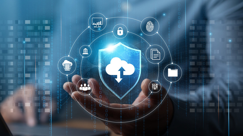 Cloud storage security graphic showing a upload icon and digital file symbols