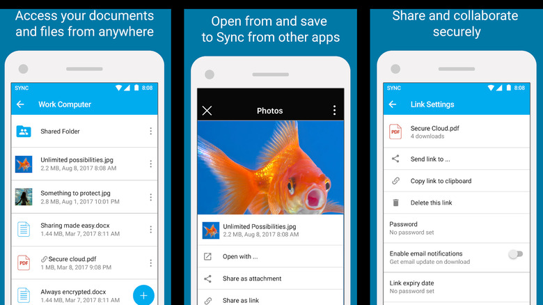 Sync app screens showing file access, photo sharing, and secure link settings