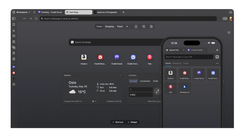 Vivaldi browser homepage on desktop and mobile