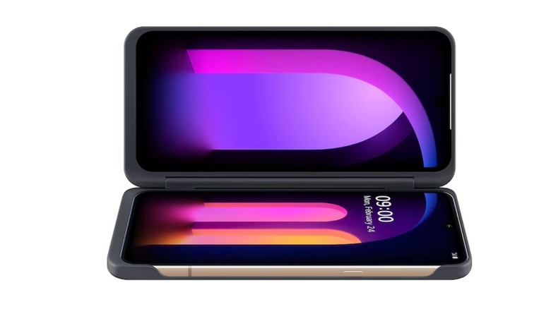 LG V60 ThinQ 5G shown open in a dual-screen case on a white background.