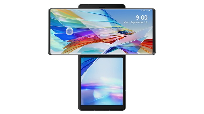 LG Wing shown with its rotating main display open above the smaller secondary screen.