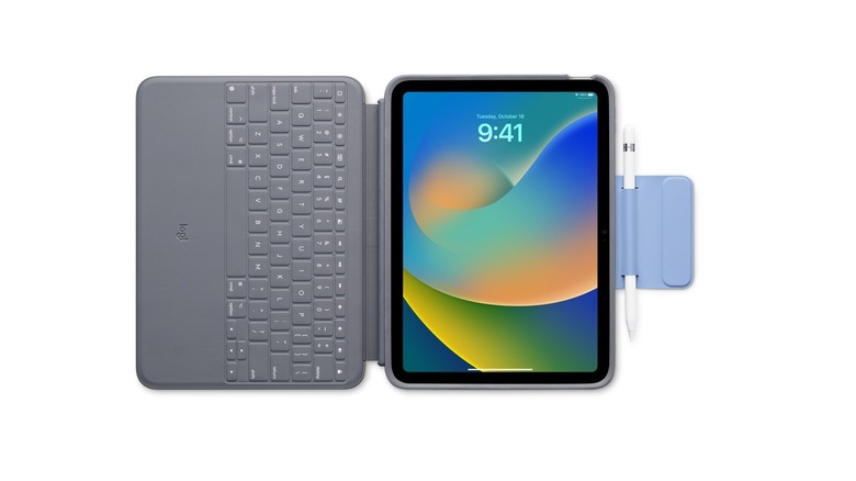 Logitech's keyboard case for the iPad completely open with an iPad and pencil attached