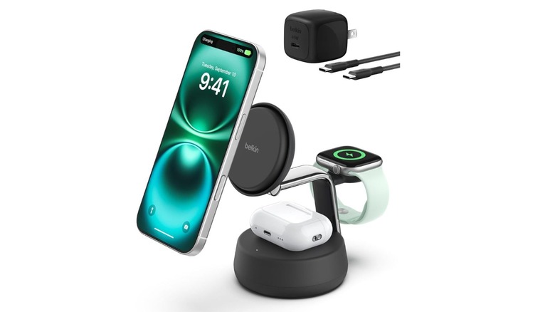Belkin's 3-in1-charging station with a power adapter in the background